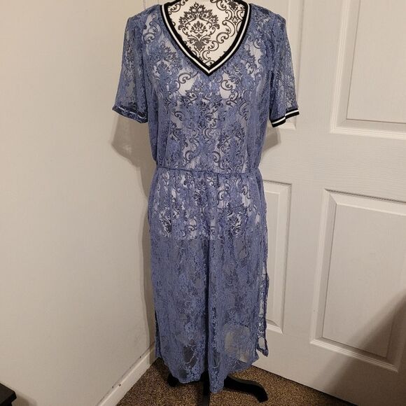Mod X sheer lace Short sleeve rib knit trimmed midi dress - Picture 3 of 6